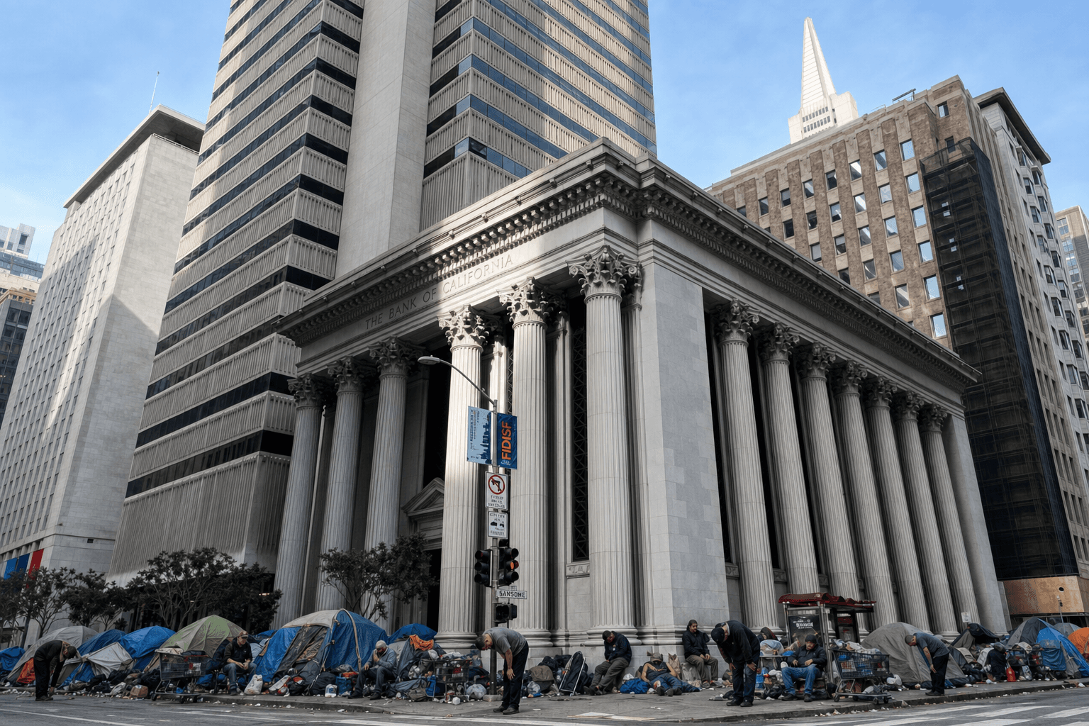San Francisco Financial District street with tents and people in crisis outside the Bank of California