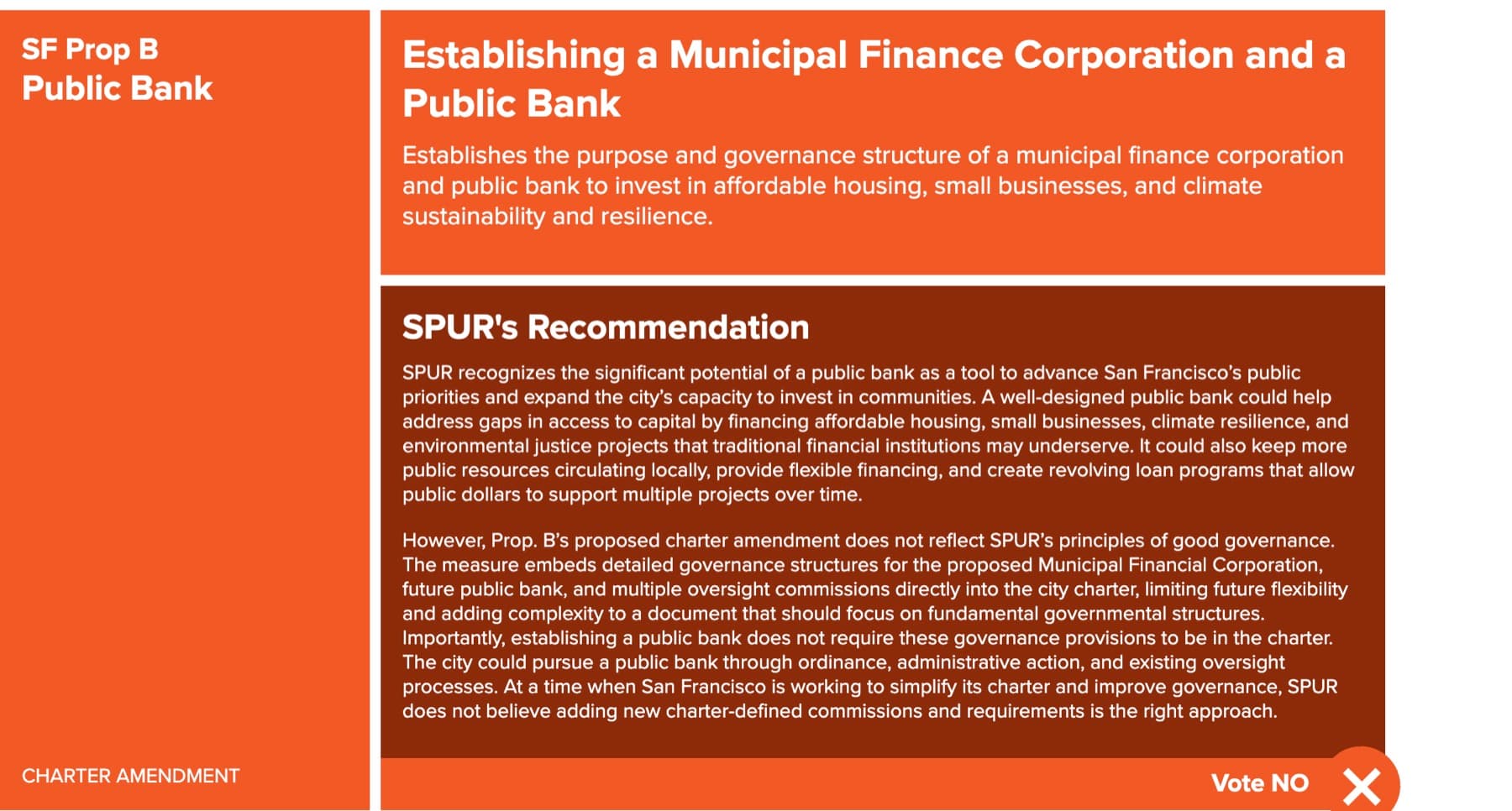 SPUR voter guide recommending No on San Francisco Proposition B